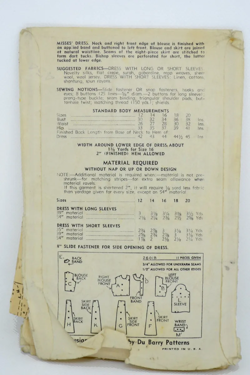 1940s DuBarry 2601 B Vintage Dress Sewing Pattern