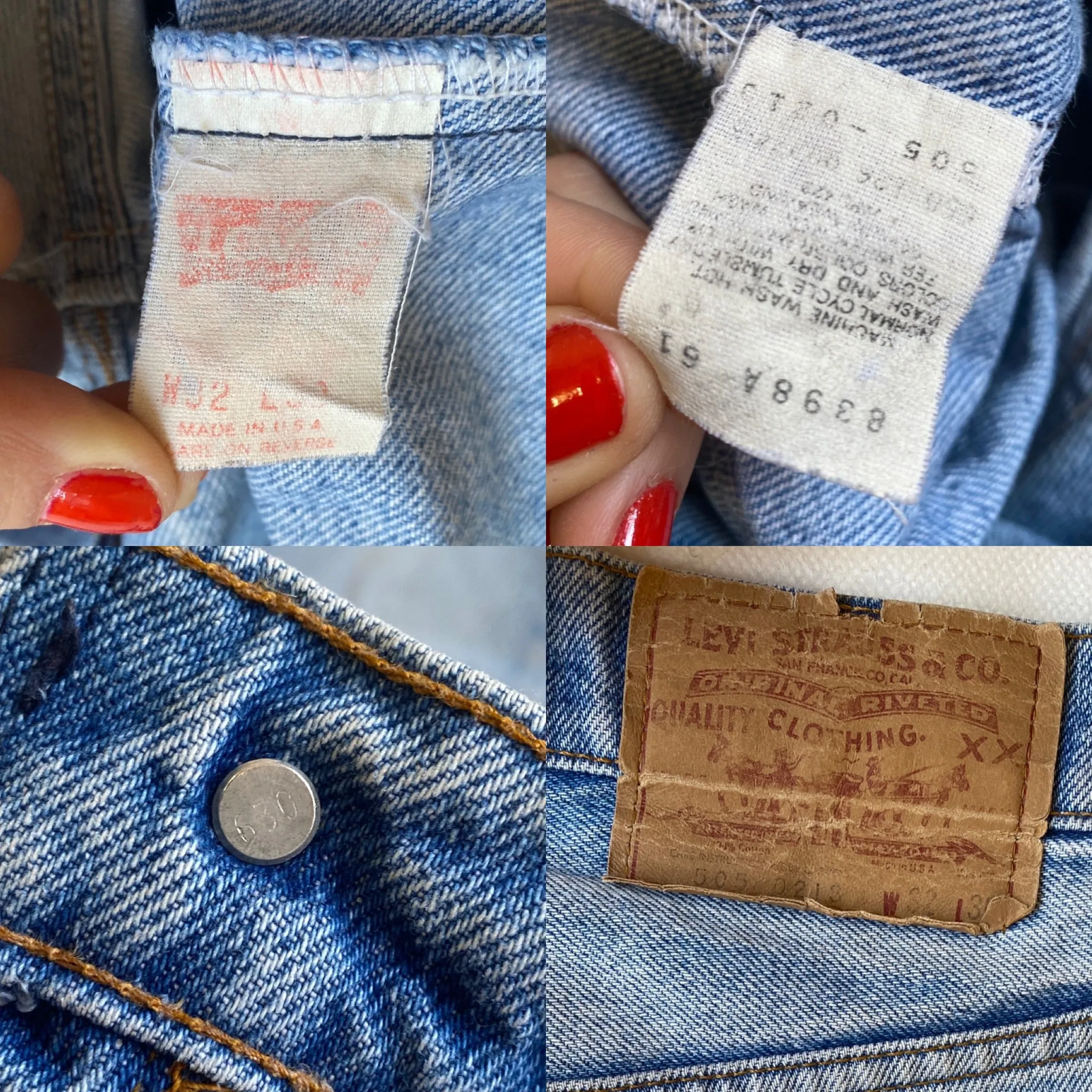 80s/early 90s vintage 505 Levi’s denim jeans. Light wash, slightly weathered, size W32 L30