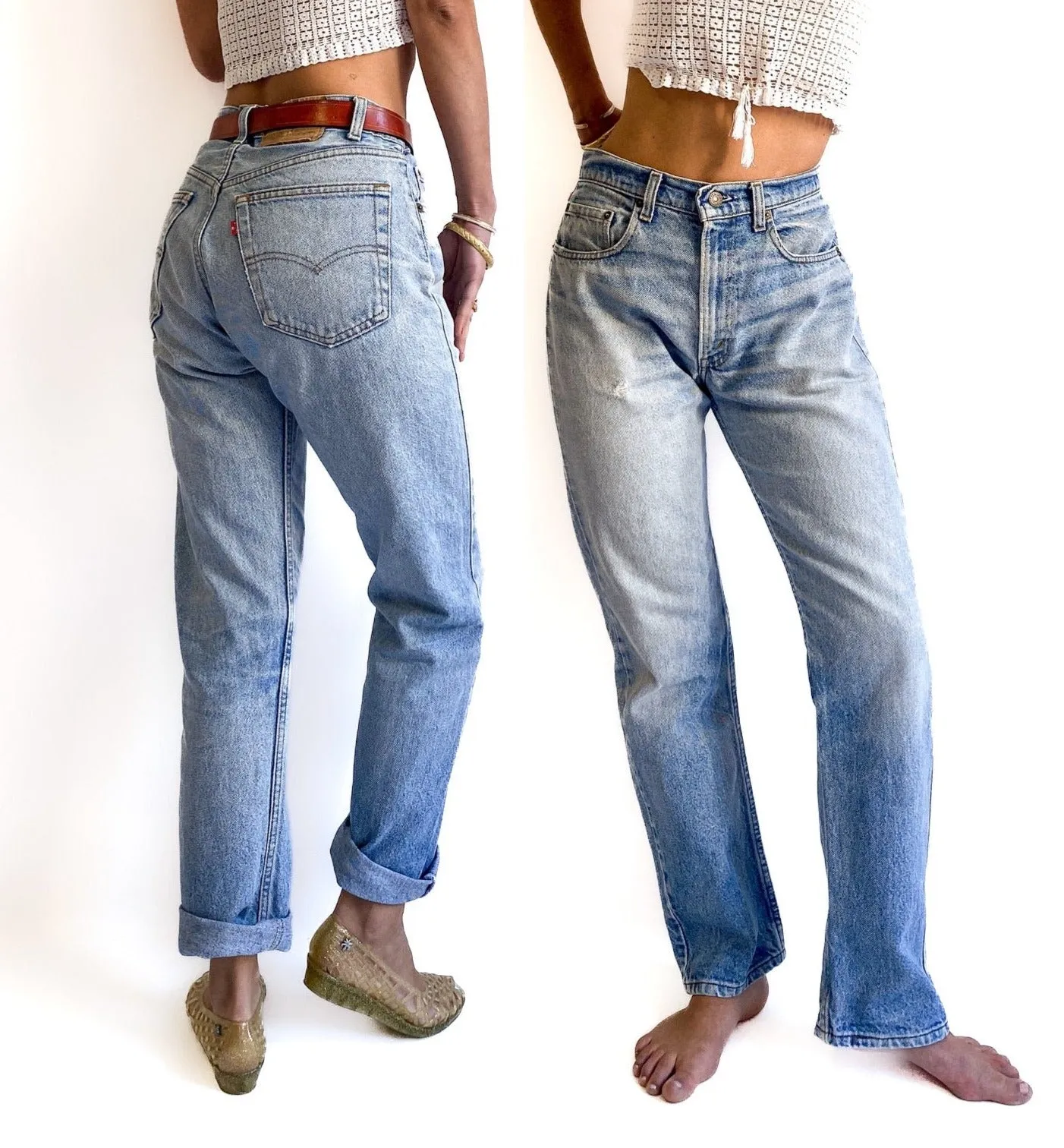 80s/early 90s vintage 505 Levi’s denim jeans. Light wash, slightly weathered, size W32 L30