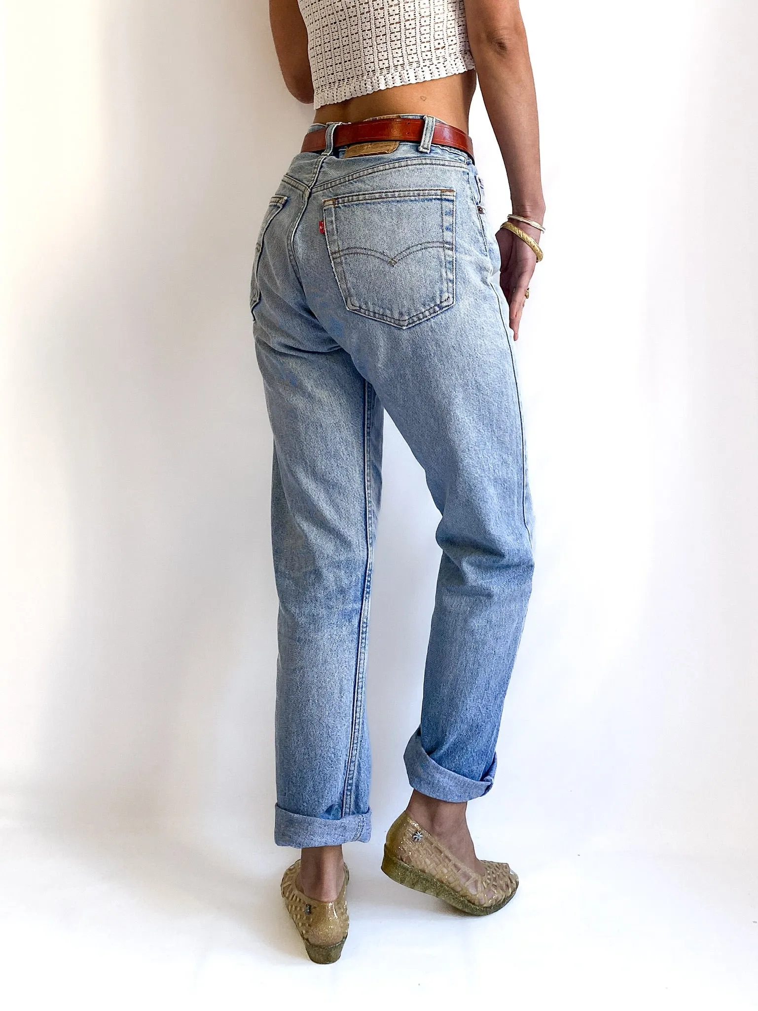 80s/early 90s vintage 505 Levi’s denim jeans. Light wash, slightly weathered, size W32 L30