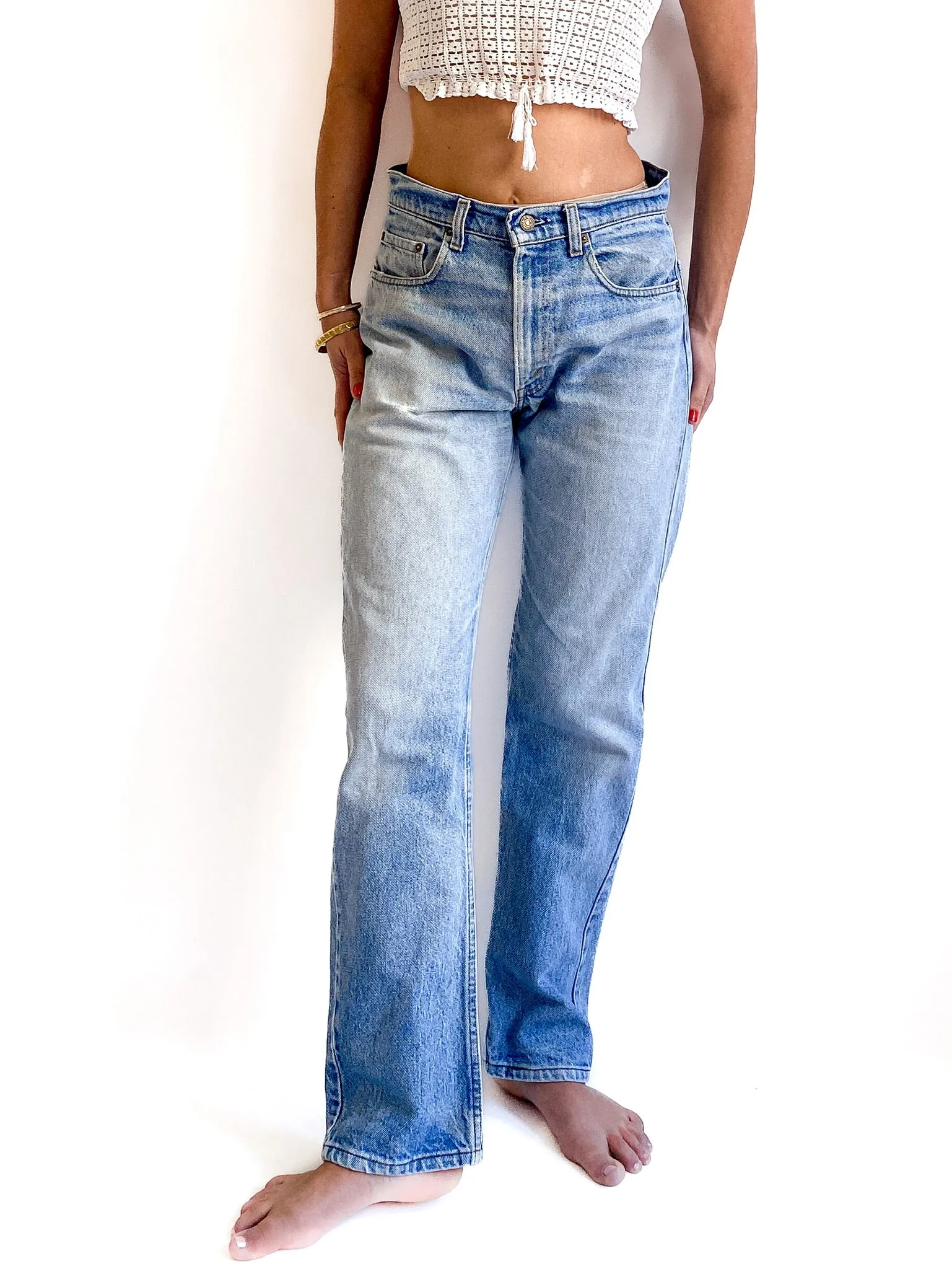 80s/early 90s vintage 505 Levi’s denim jeans. Light wash, slightly weathered, size W32 L30