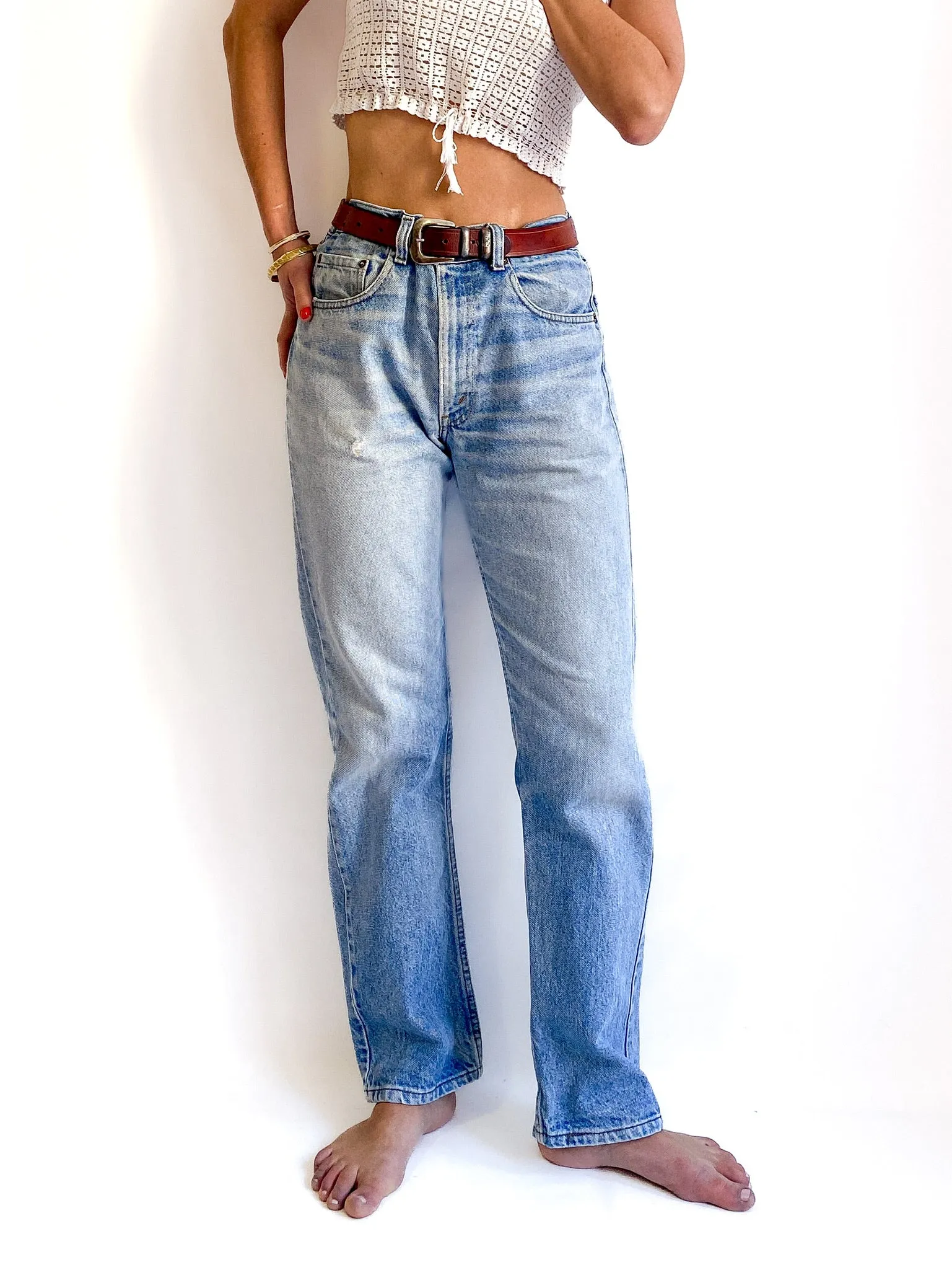 80s/early 90s vintage 505 Levi’s denim jeans. Light wash, slightly weathered, size W32 L30