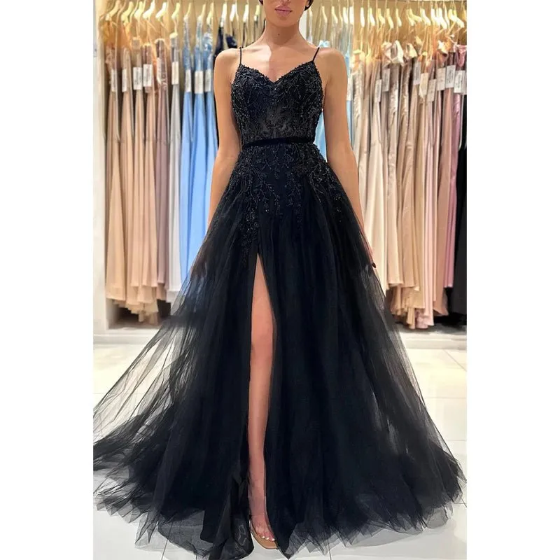 A Line Spaghetti Straps Beads Side Slit Black Long Prom Formal Dress