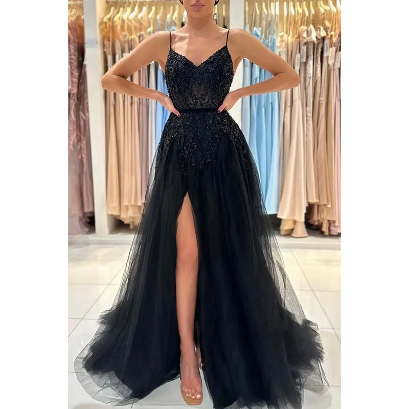 A Line Spaghetti Straps Beads Side Slit Black Long Prom Formal Dress