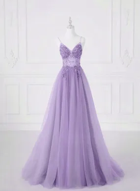 A-line Tulle Lavender Beaded Long Prom Dress, Lavender Tulle Formal Dress      fg5414