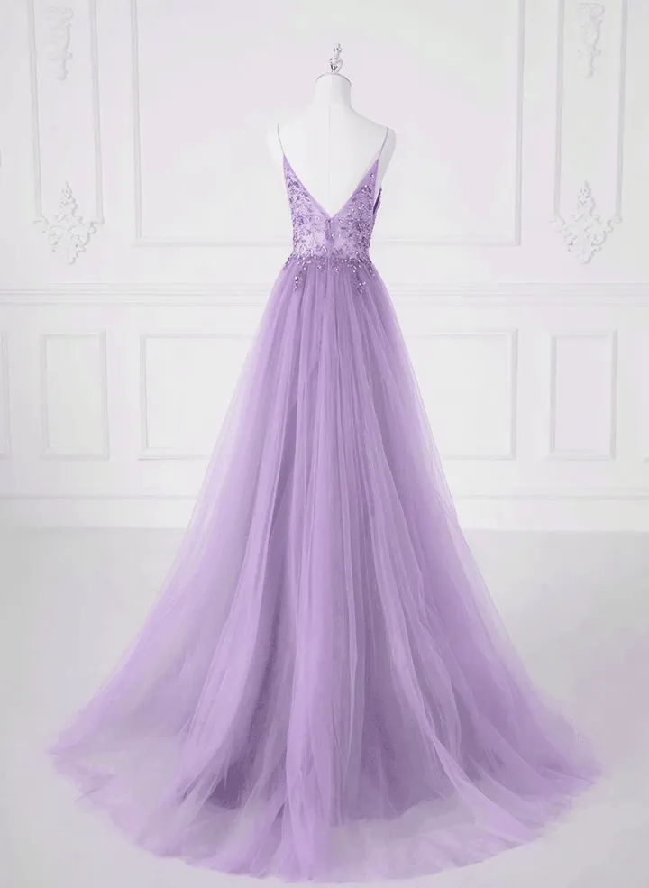 A-line Tulle Lavender Beaded Long Prom Dress, Lavender Tulle Formal Dress      fg5414