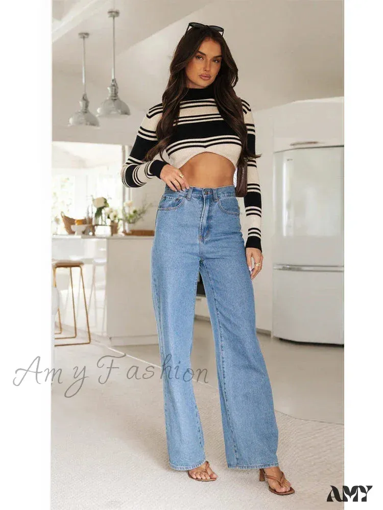 Amy Fashion - European and American Women's Washed Fashion Long Basic Straight-leg Pants All-match for All Seasons Jean