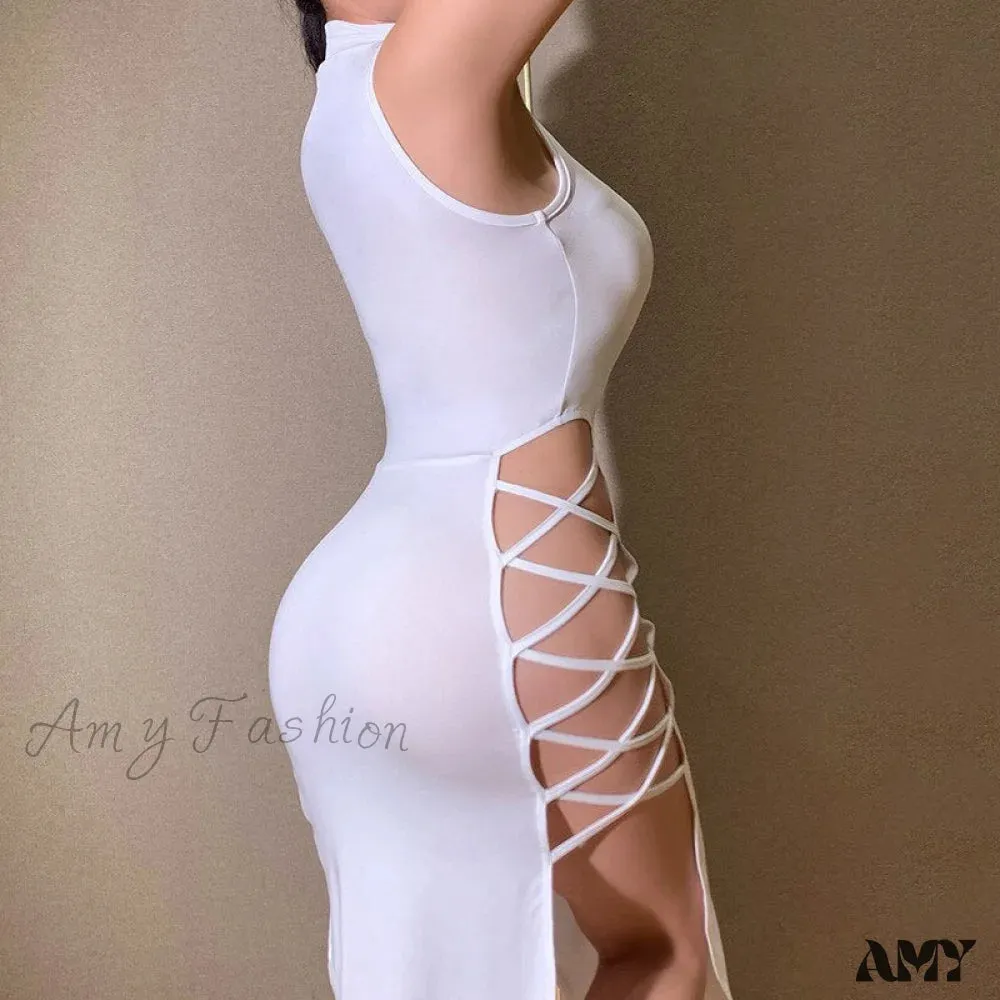 Amy Fashion - Lady Sleeveless Mock Side High Slit Cutout Dresses