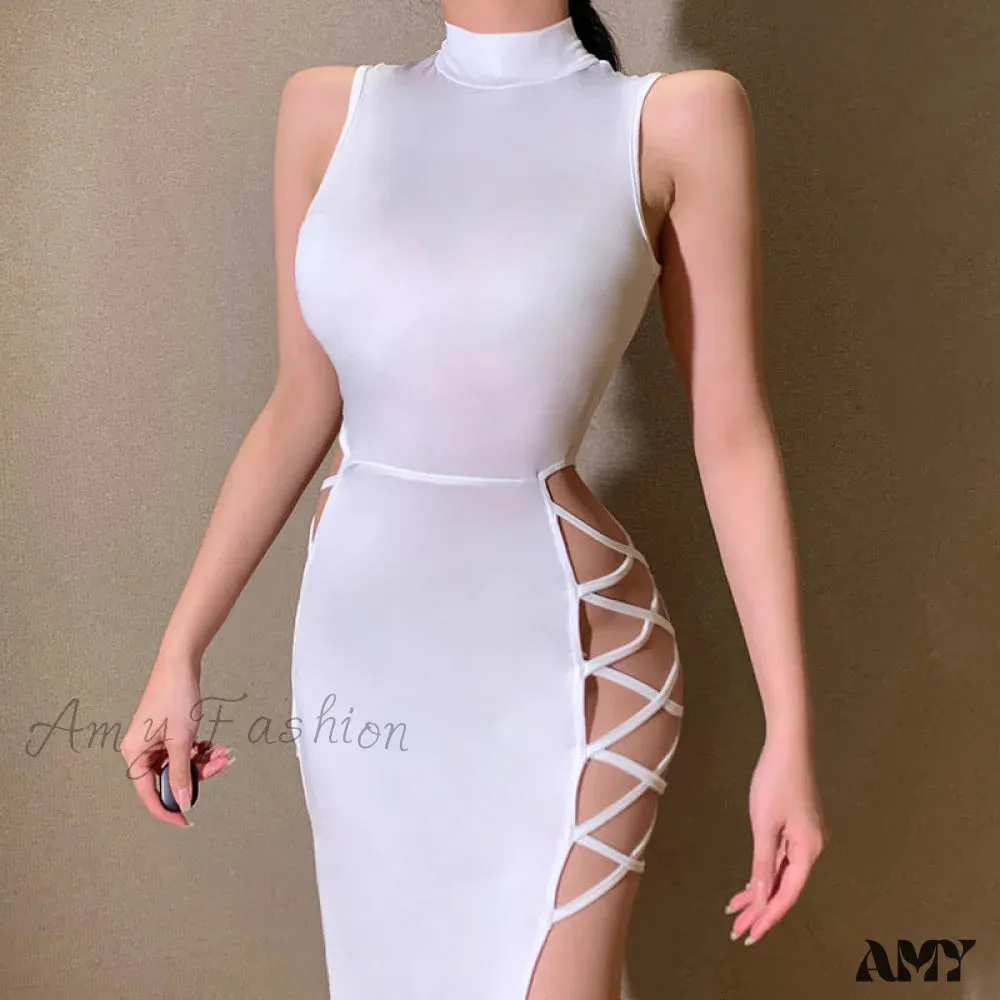 Amy Fashion - Lady Sleeveless Mock Side High Slit Cutout Dresses