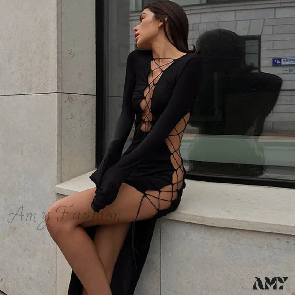 Amy Fashion - Lady Sleeveless Mock Side High Slit Cutout Dresses