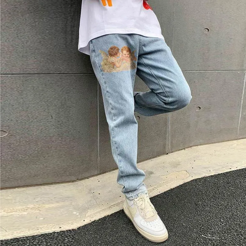 Angel pattern retro street loose jeans