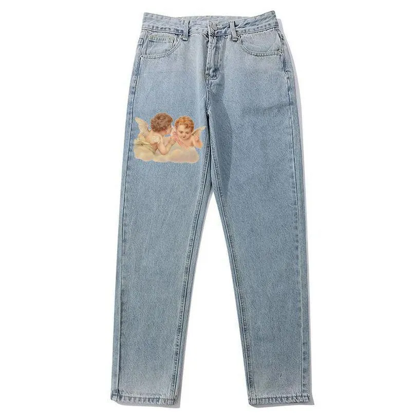 Angel pattern retro street loose jeans