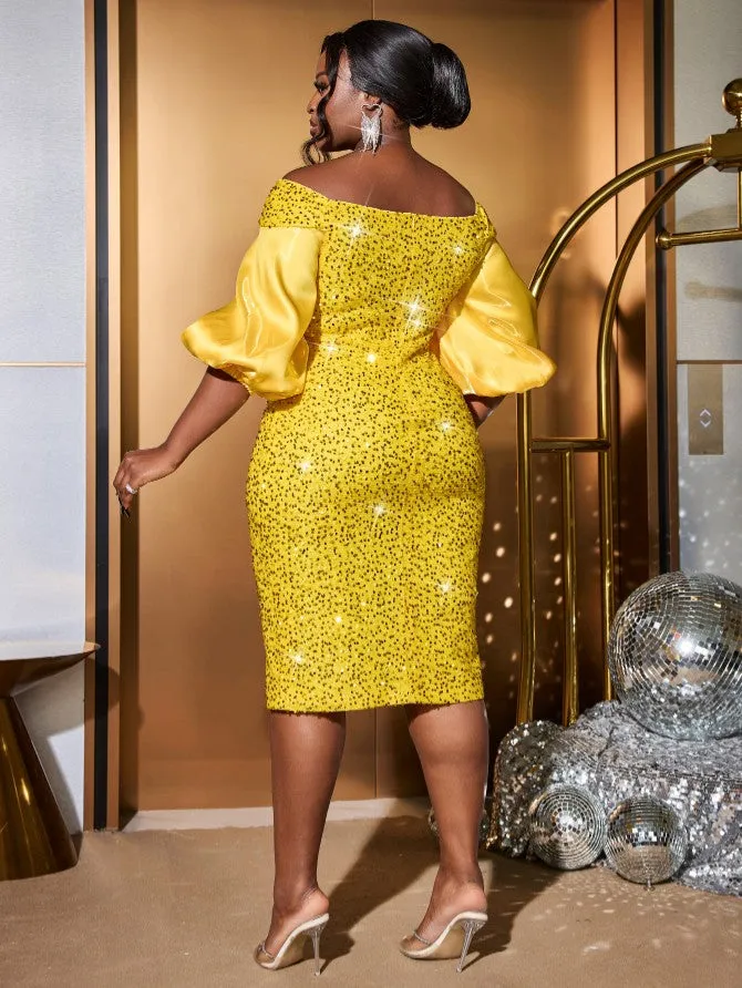 AOMEIDRESS Yellow Sequins Dress Off Shoulder Patchwork Lantern Sleeve