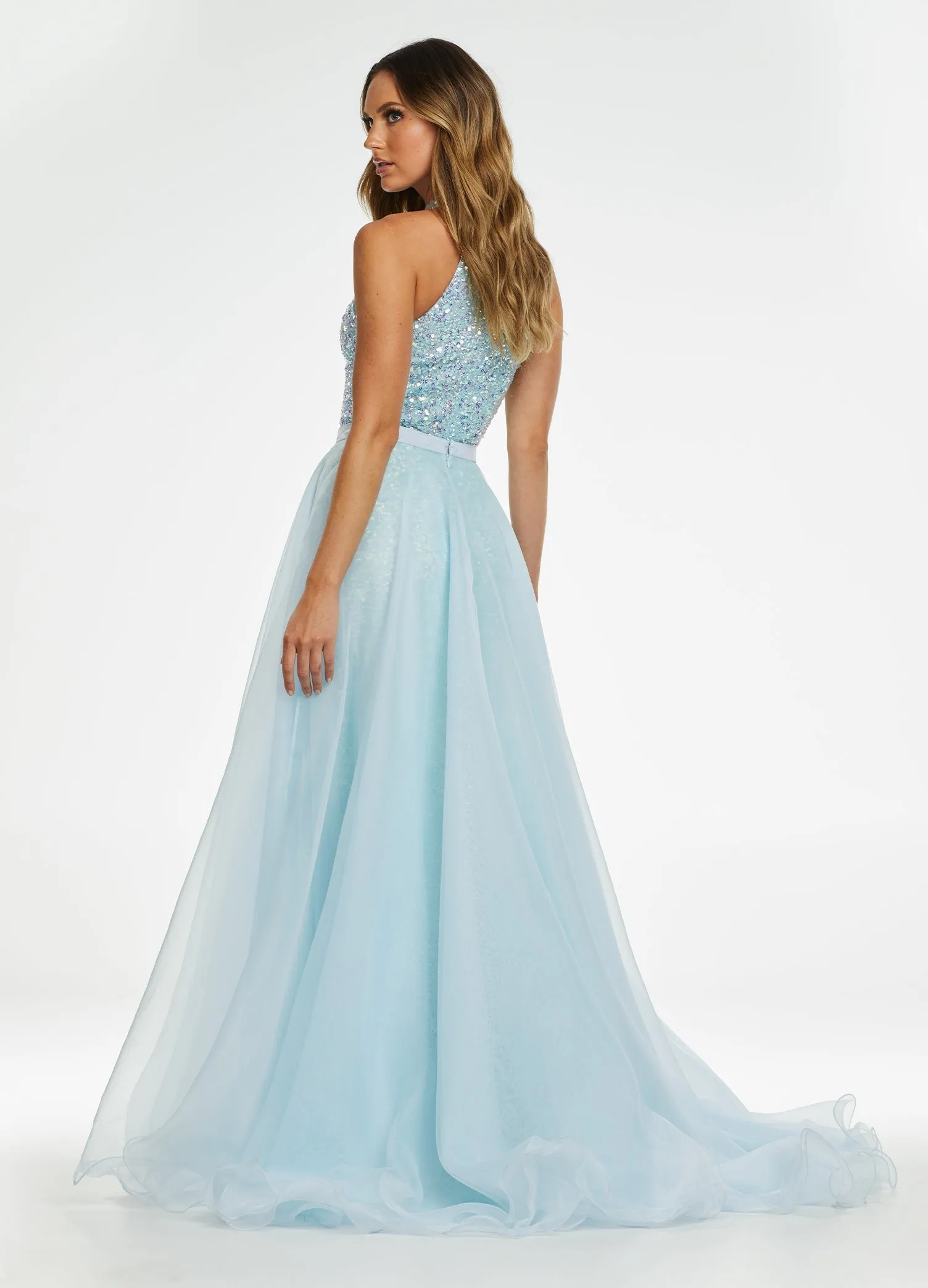 Ashley Lauren 1740 Size 8 SKY Long Organza Pageant Overskirt Wire Hem Layered Train Detachable