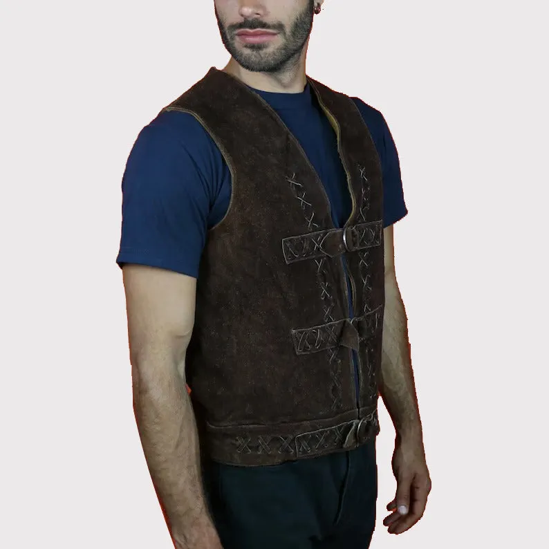 Authentic Dark Brown Suede Men's Leather Vest