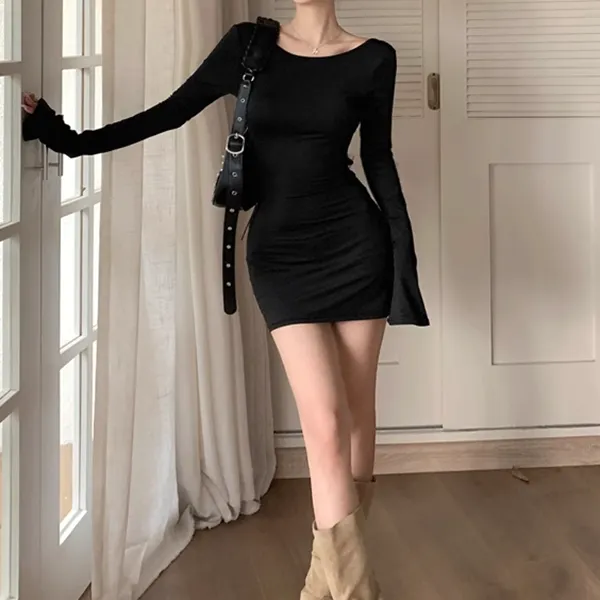 Backless Lace-Up Long-Sleeve Slim Fit Black Dress