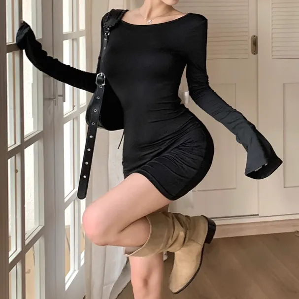 Backless Lace-Up Long-Sleeve Slim Fit Black Dress