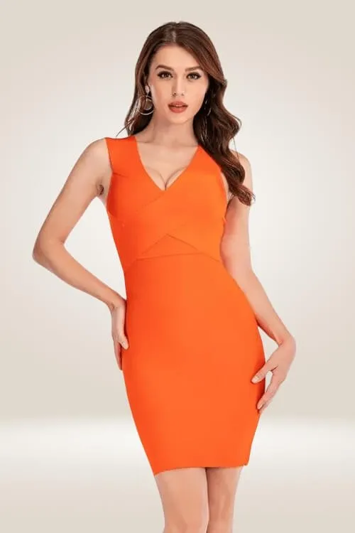 Bandage Deep V-Neck Orange Bodycon Dress