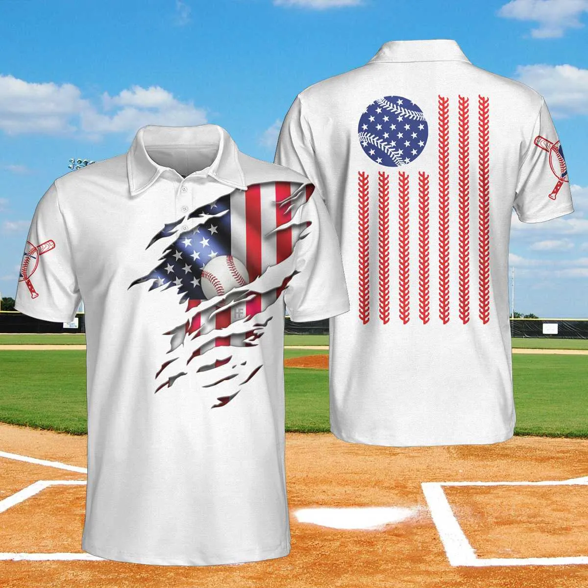 Baseball American Flag Polo Shirt, White Baseball USA Flag Polo Shirt, Patriotic Baseball Shirt For Men