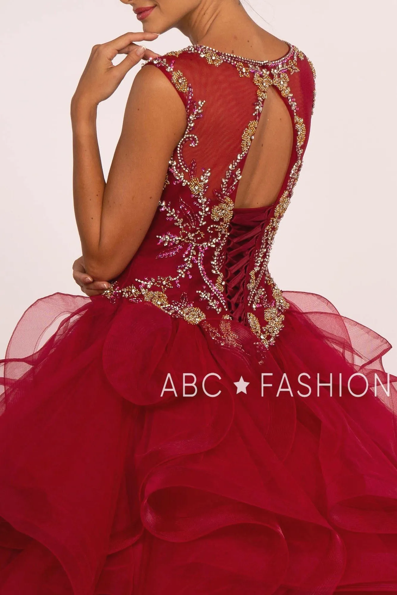 Beaded Illusion Ball Gown with Ruffled Skirt by Elizabeth K GL2511