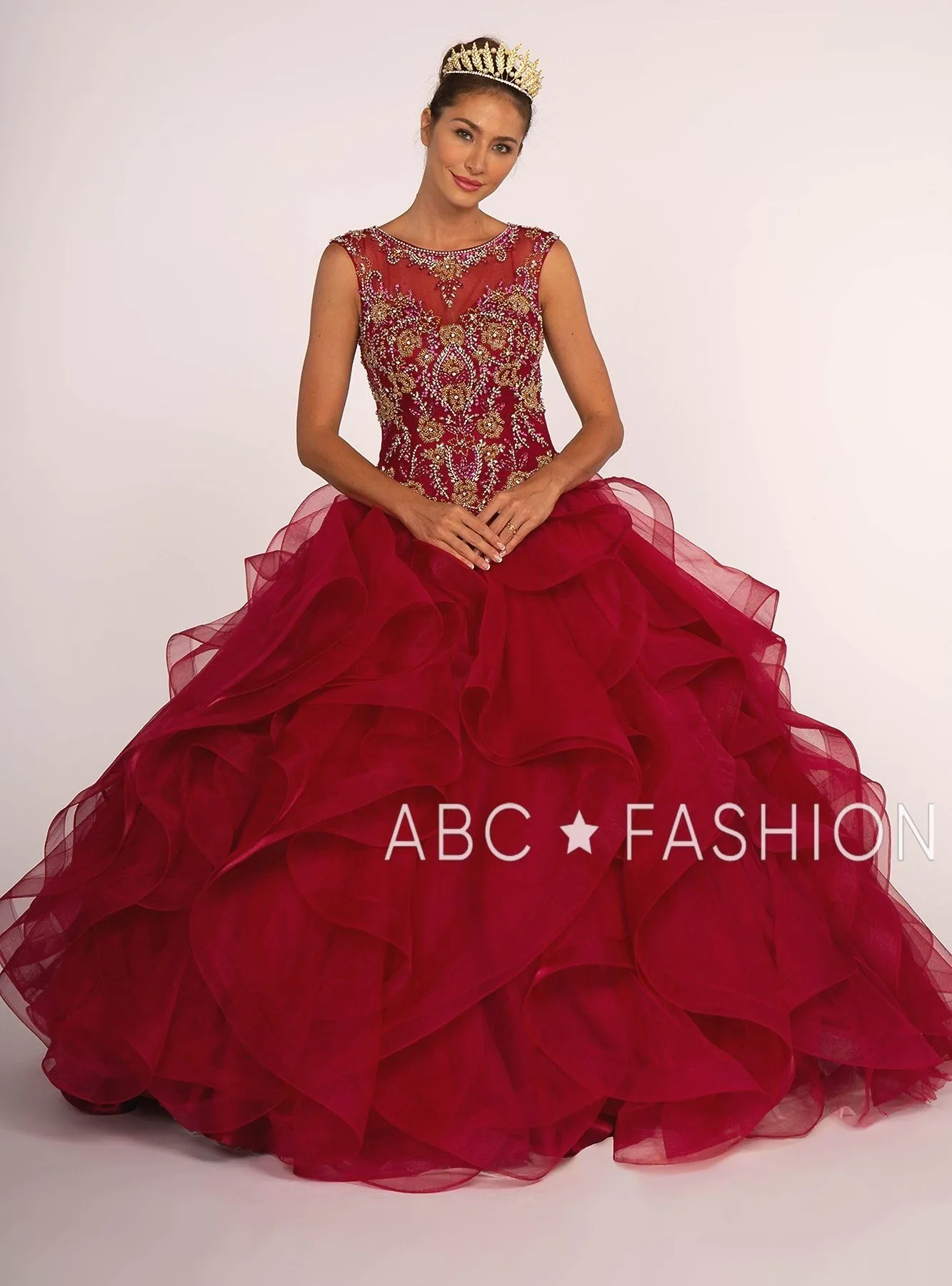 Beaded Illusion Ball Gown with Ruffled Skirt by Elizabeth K GL2511