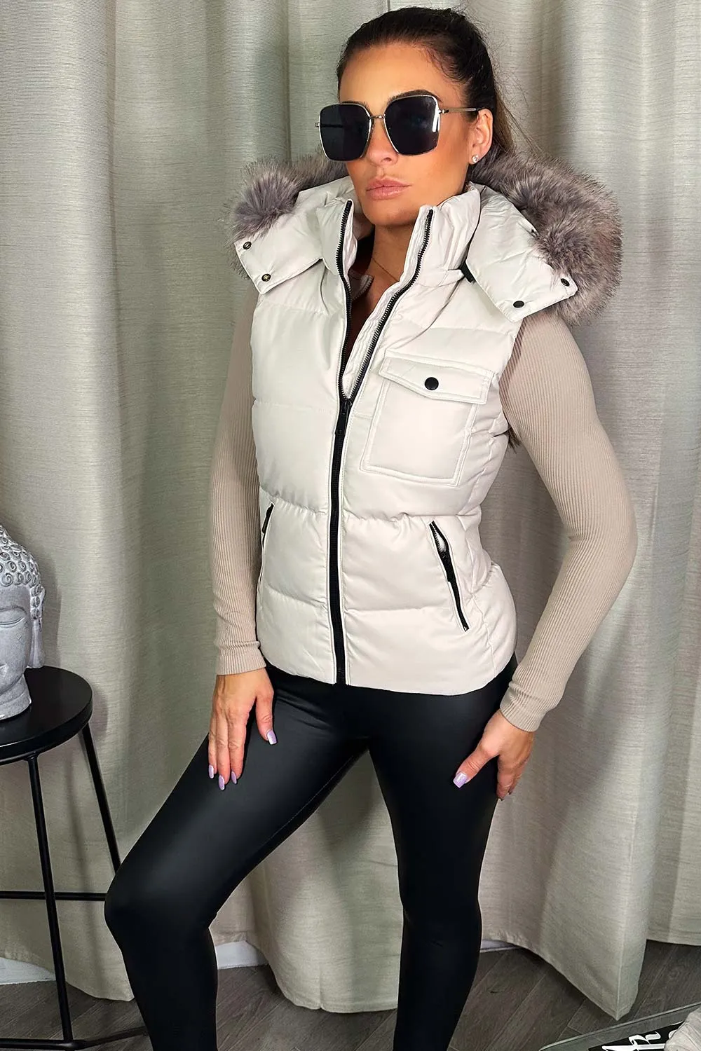 Beige Gilet With Faux Fur Hood