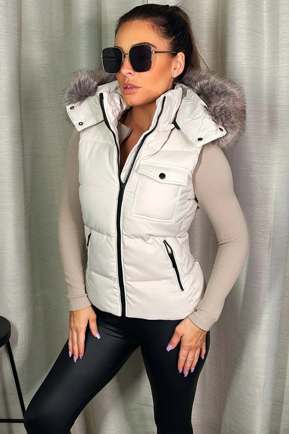 Beige Gilet With Faux Fur Hood