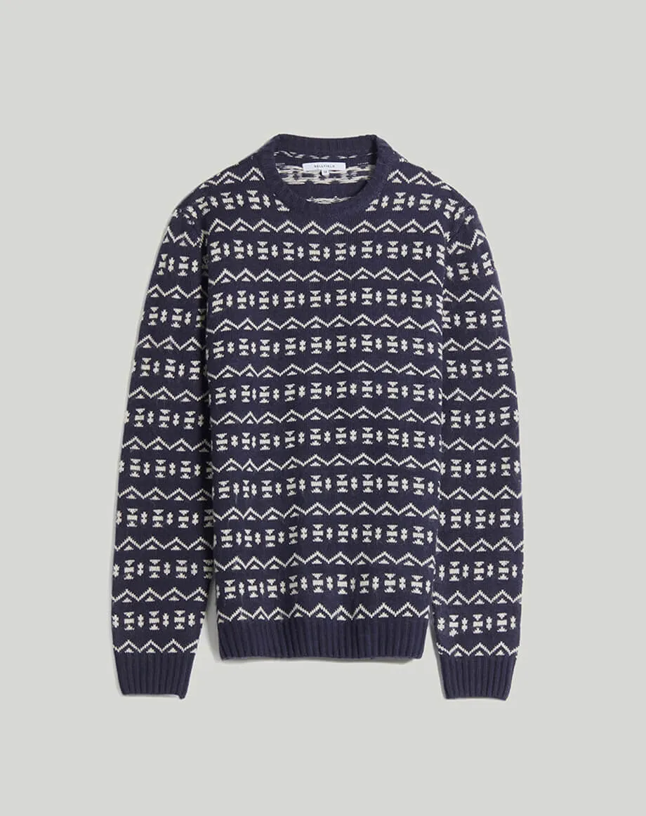 BERGER FOLK FAIR ISLE KNIT MENS CREW NECK JUMPER | NAVY