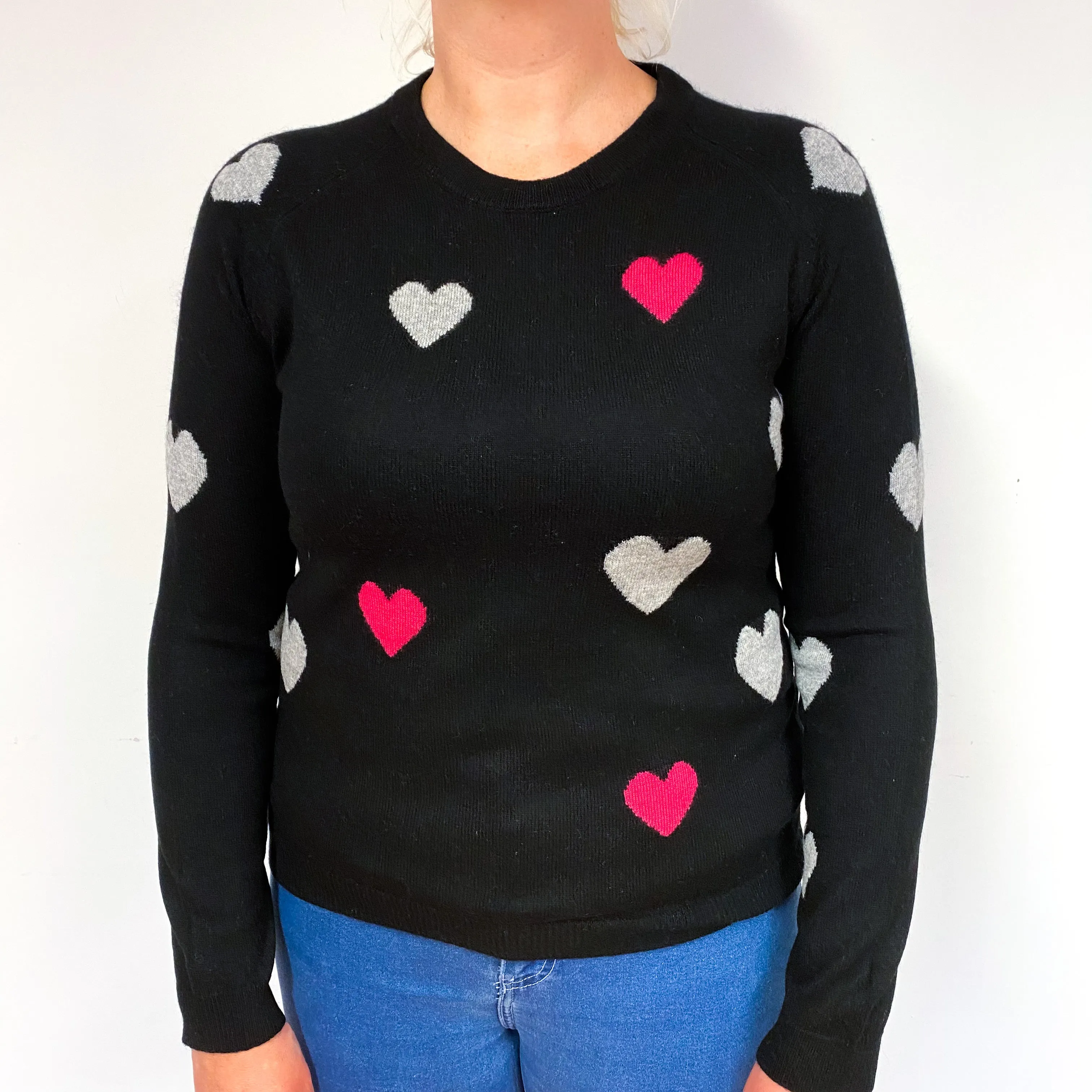 Black Pink Heart Cashmere Crew Neck Jumper Large