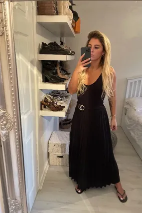 BLACK PLEATED BUCKLE MAXI SKIRT