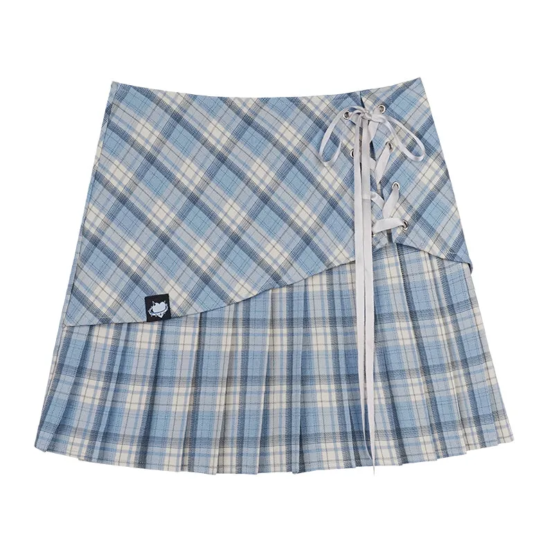 Blue Check Layered Pleated Culottes Skirt SAG0172