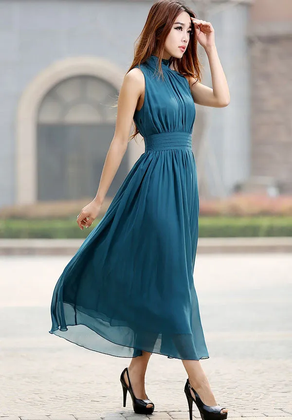 Blue Chiffon Sleeveless Dress  918#