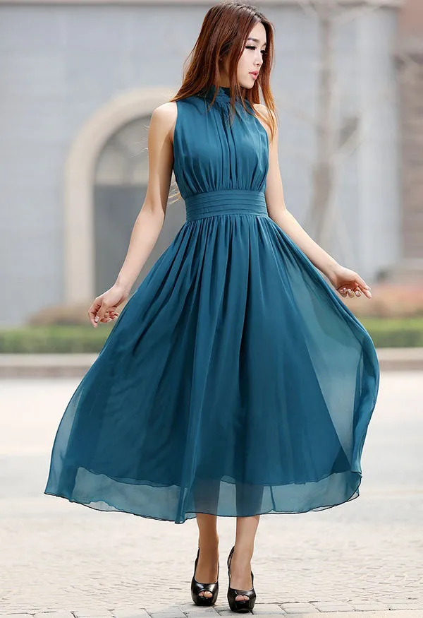 Blue Chiffon Sleeveless Dress  918#