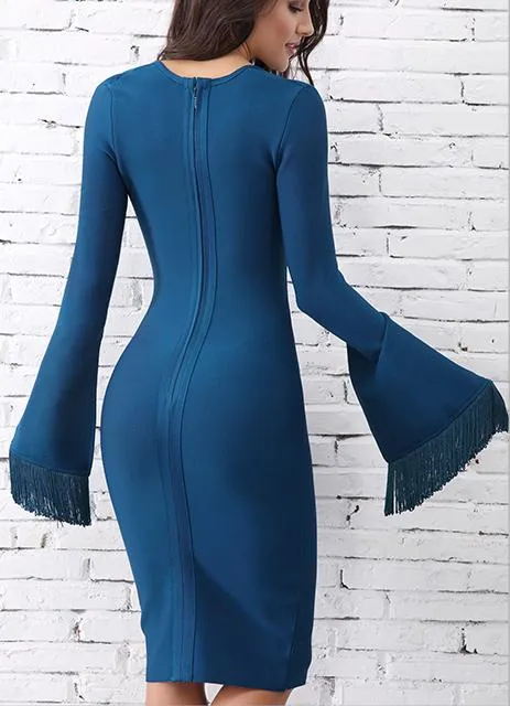 Blue Fringed Flared-Sleeve Bodycon Dress