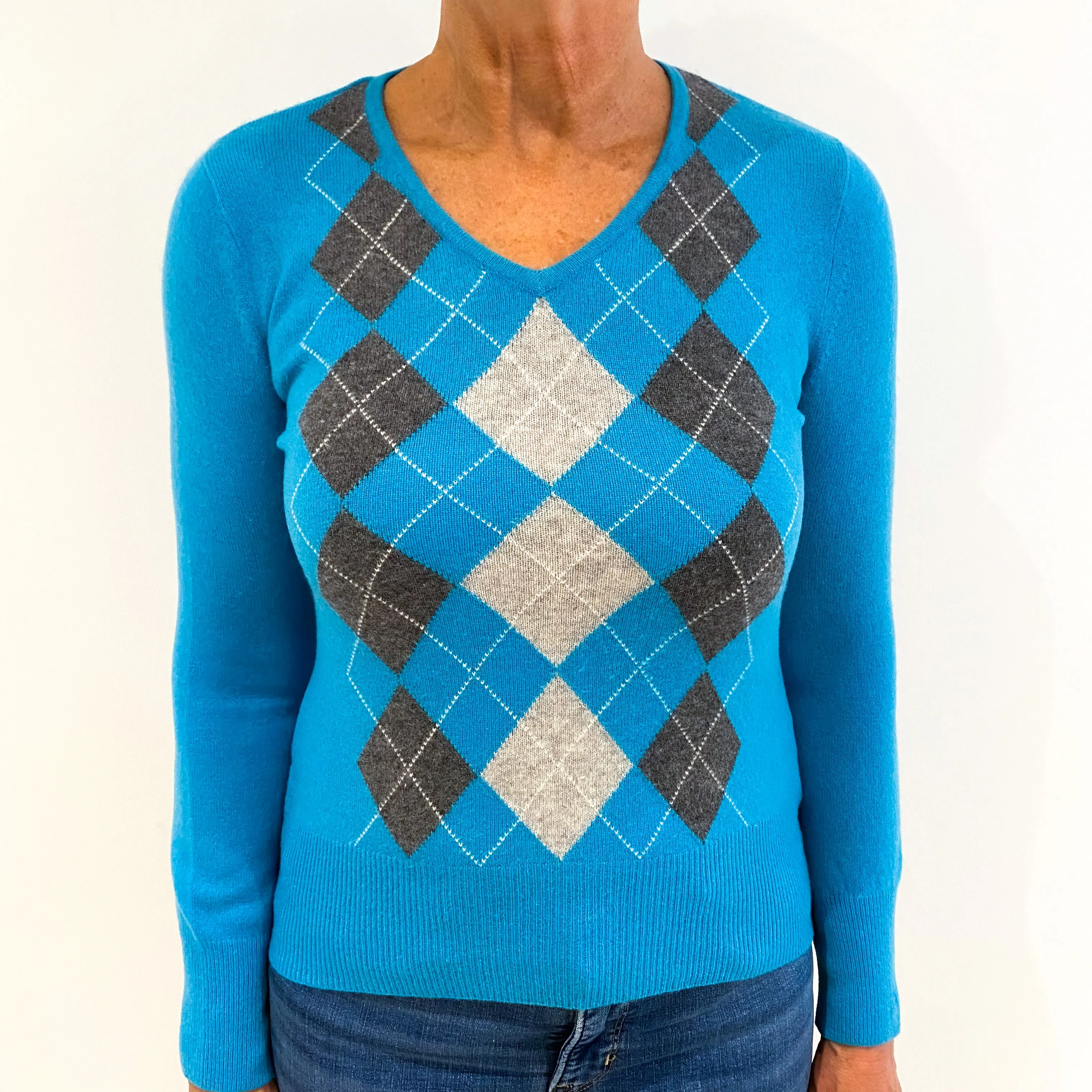 Blue Grey Argyle Front Cashmere V-Neck Jumper Medium