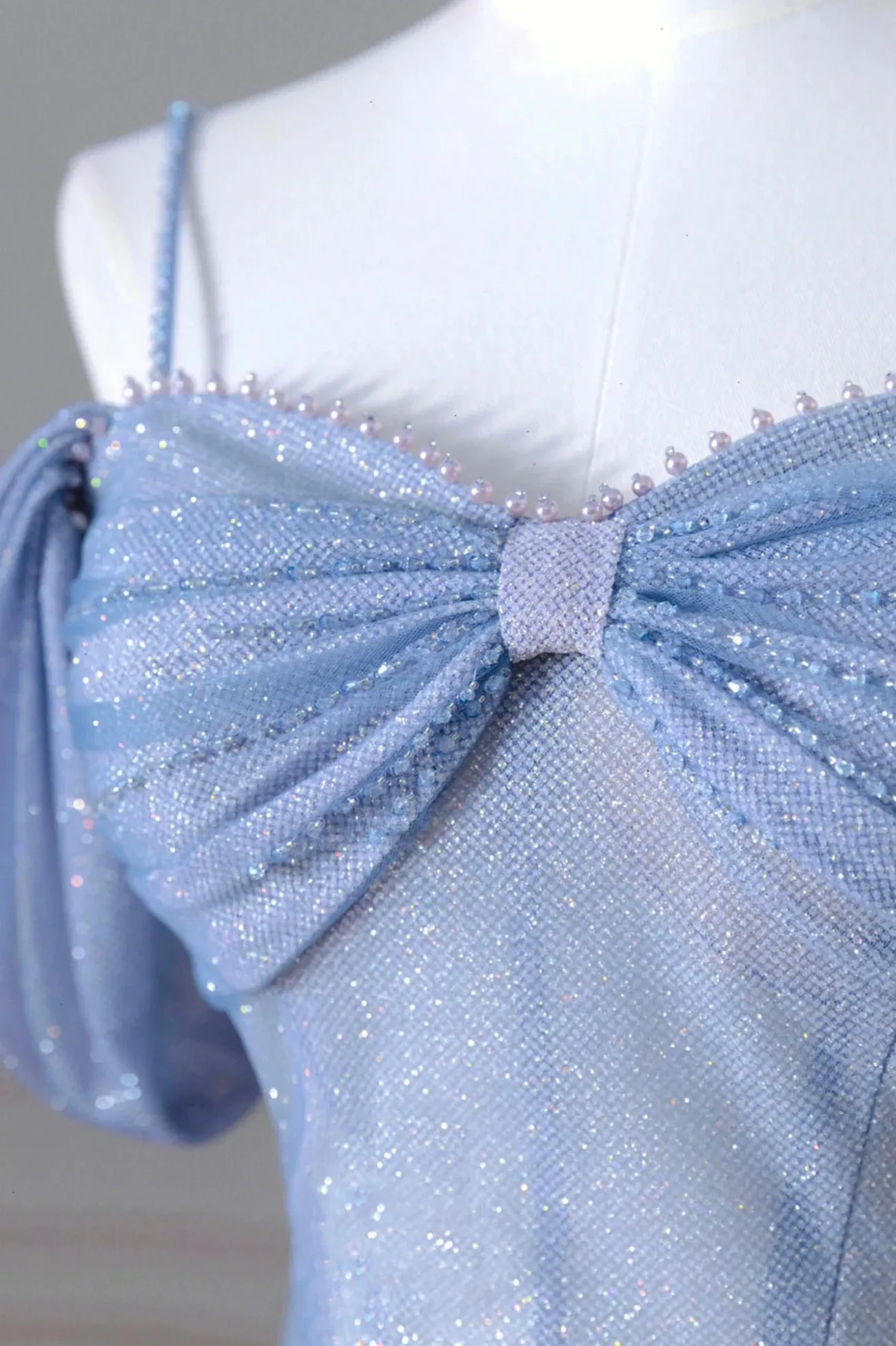 Blue Tulle Long Prom Dress, Off the Shoulder Evening Party Dress with Beaded