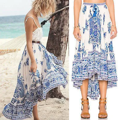 Boho Long Skirt "Hotel Paradiso" Plus Size Blue And White Midi Maxi Bohemian Peacock Print Size XXL or 2X