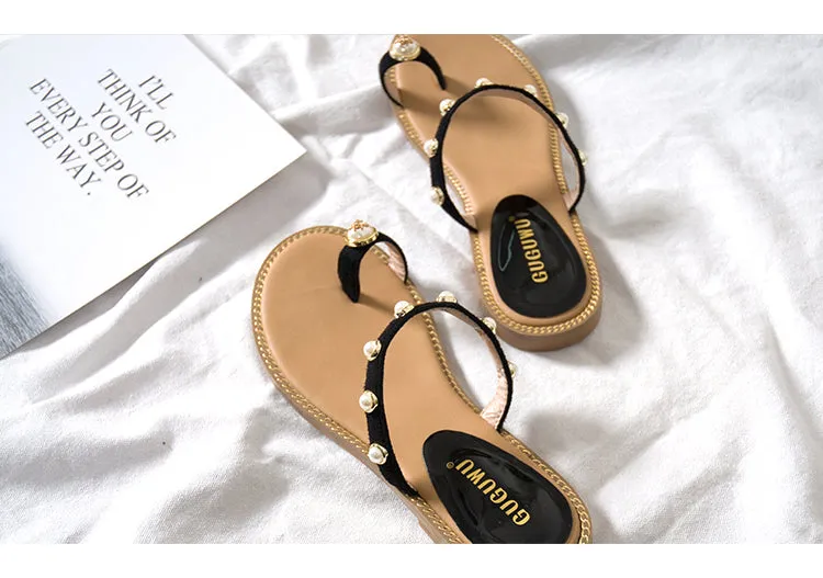 BOOPDO DESIGN BEACH SANDALS WITH PEARL EMBELLISHED STRAPS
