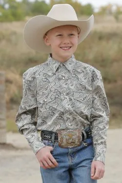 Boys Cinch Paisley Print Button Down Western Shirt- Green