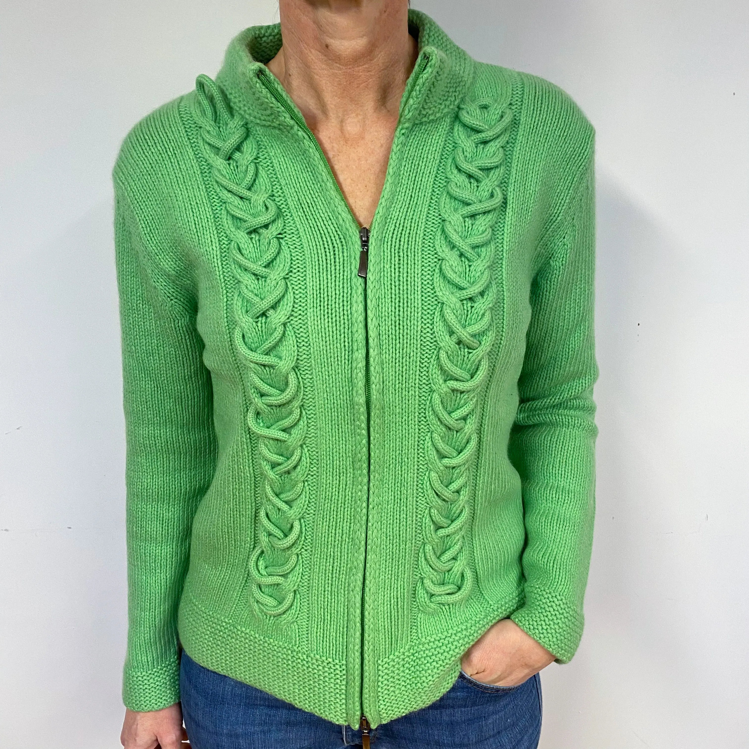 Bright Green Chunky Cashmere Zip Cardigan Medium