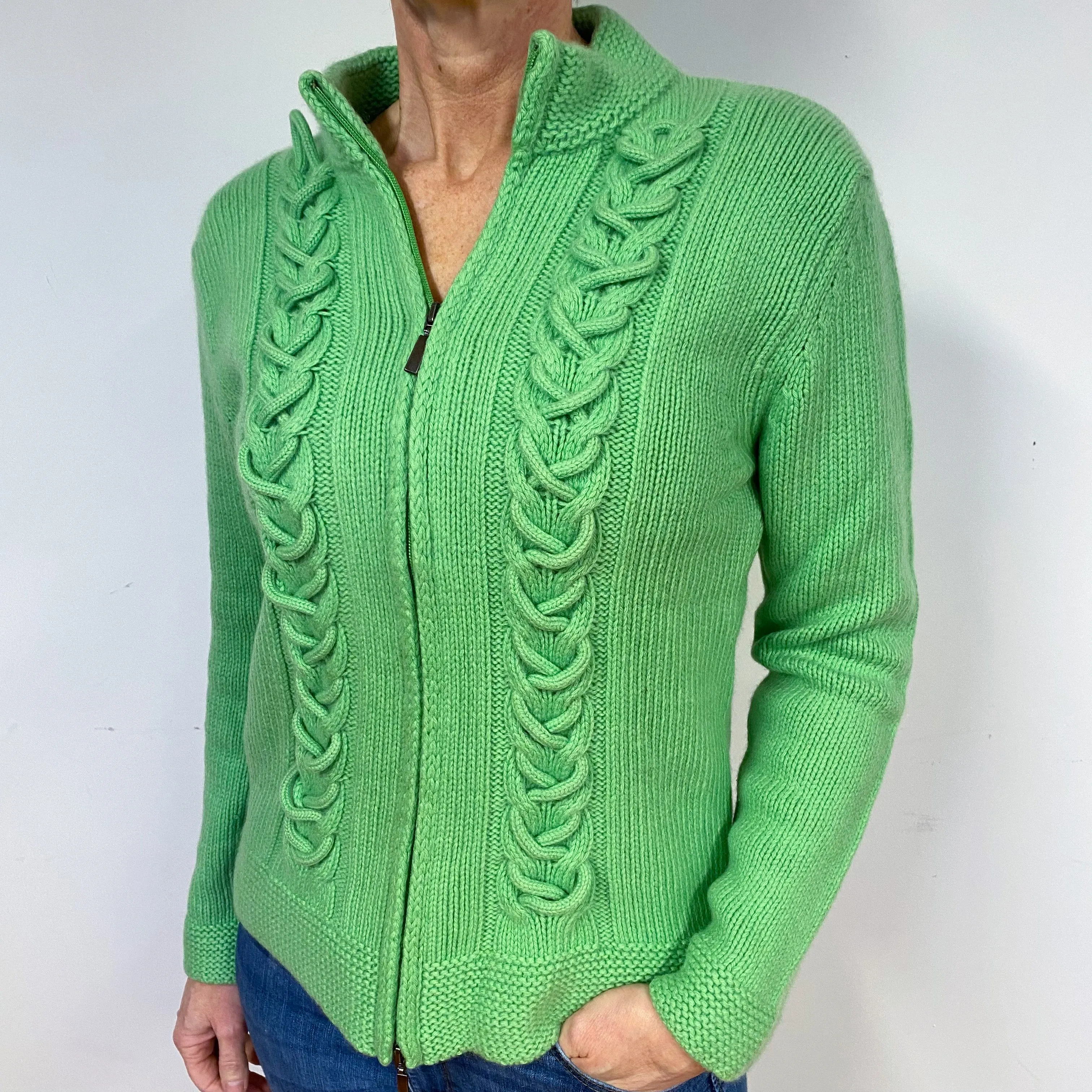 Bright Green Chunky Cashmere Zip Cardigan Medium