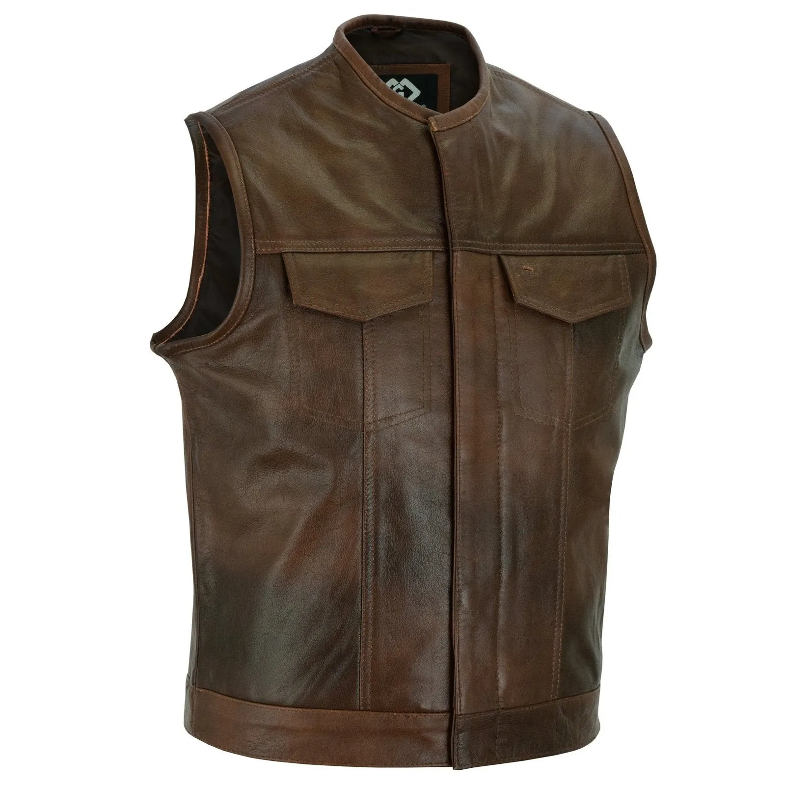 Brown Collarless Sons of Anarchy Cut Off Cowhide Leather Vest Biker Motorcycle