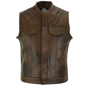 Brown Collarless Sons of Anarchy Cut Off Cowhide Leather Vest Biker Motorcycle