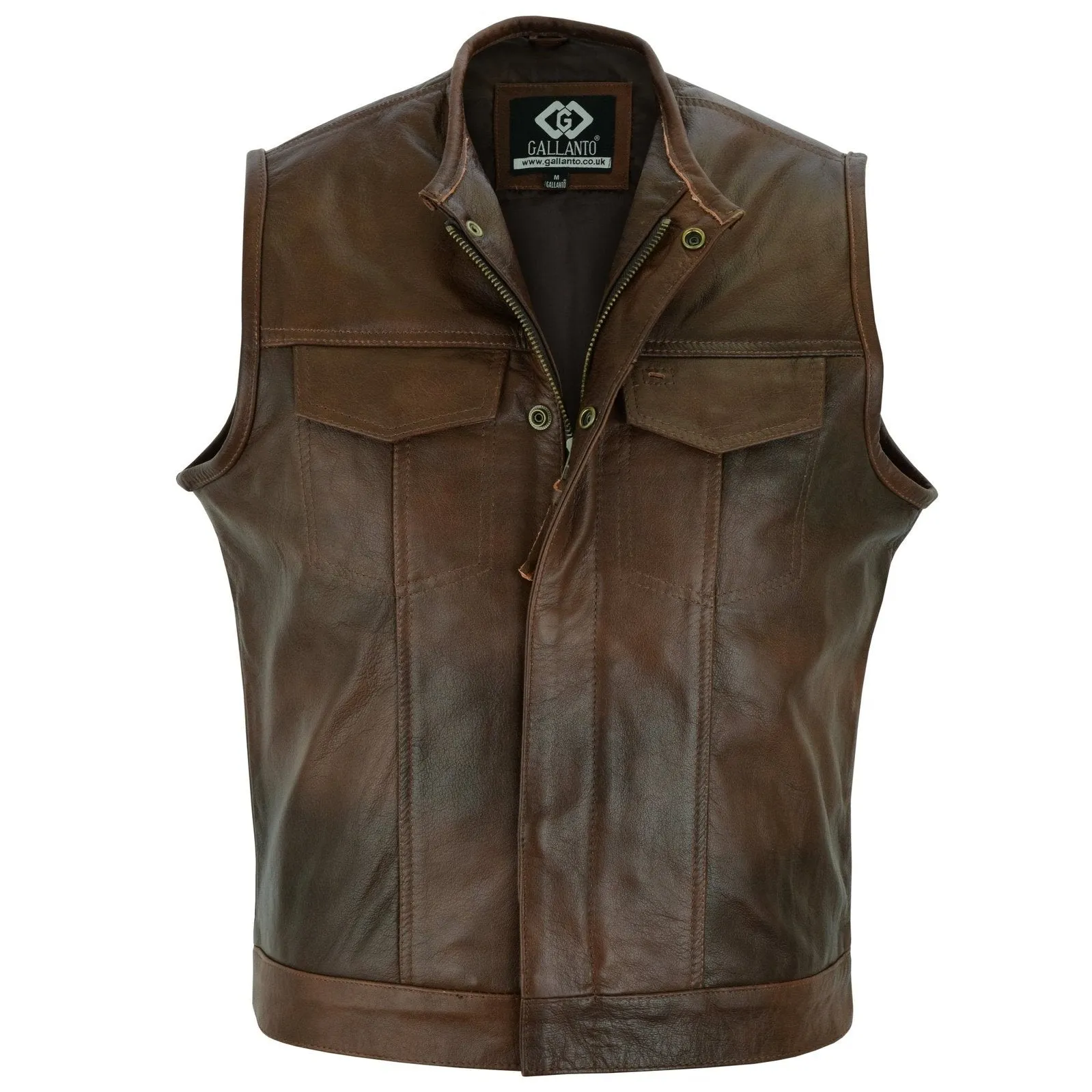 Brown Collarless Sons of Anarchy Cut Off Cowhide Leather Vest Biker Motorcycle