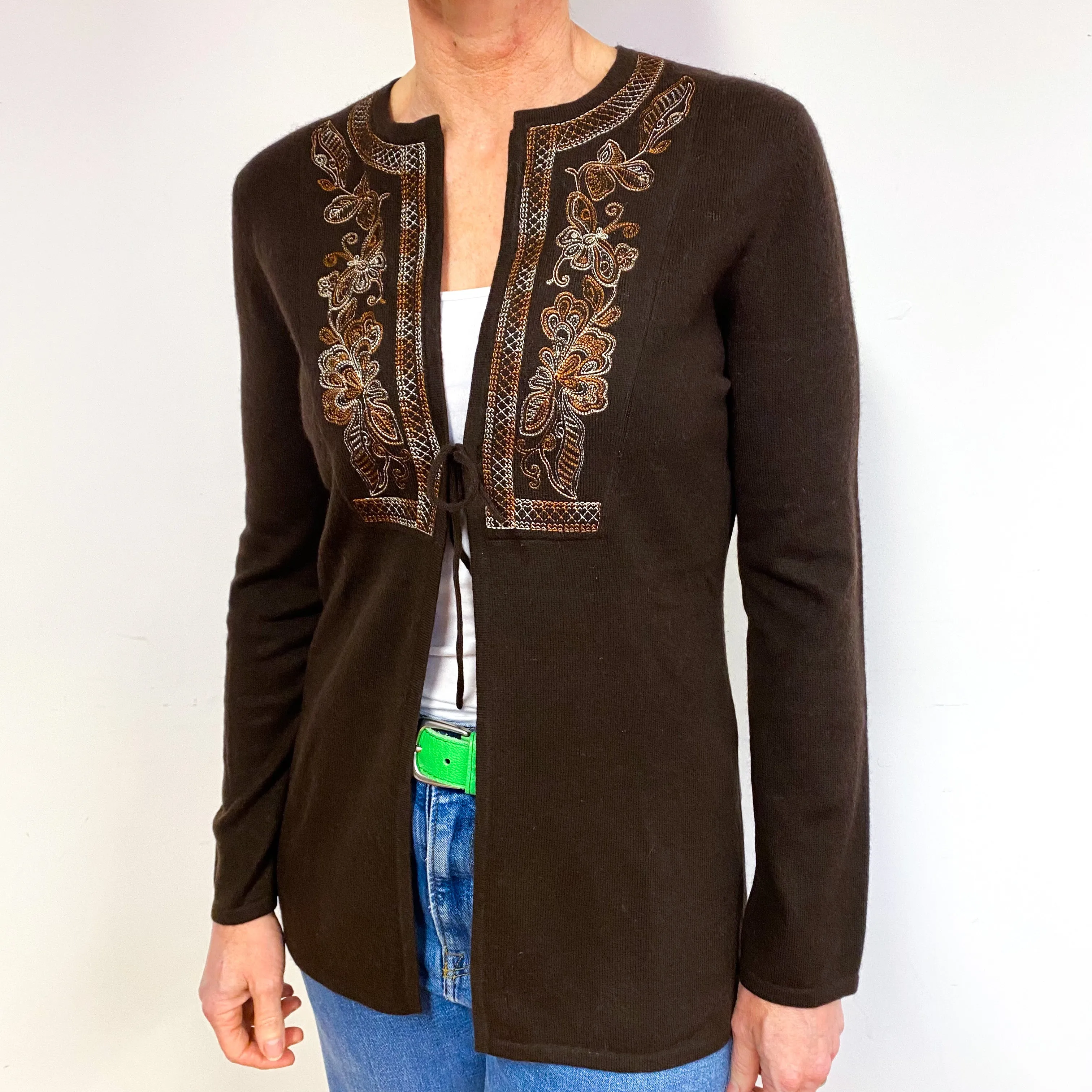 Brown Embroidered Cashmere Tie Front Cardigan Medium