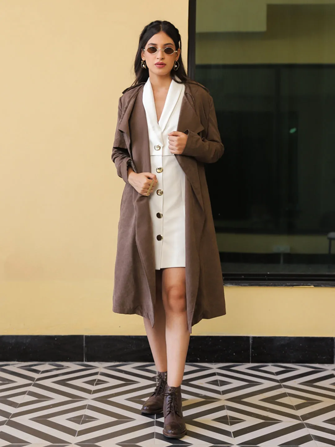 Brown Suede Overcoat & Pearl White Dress Set