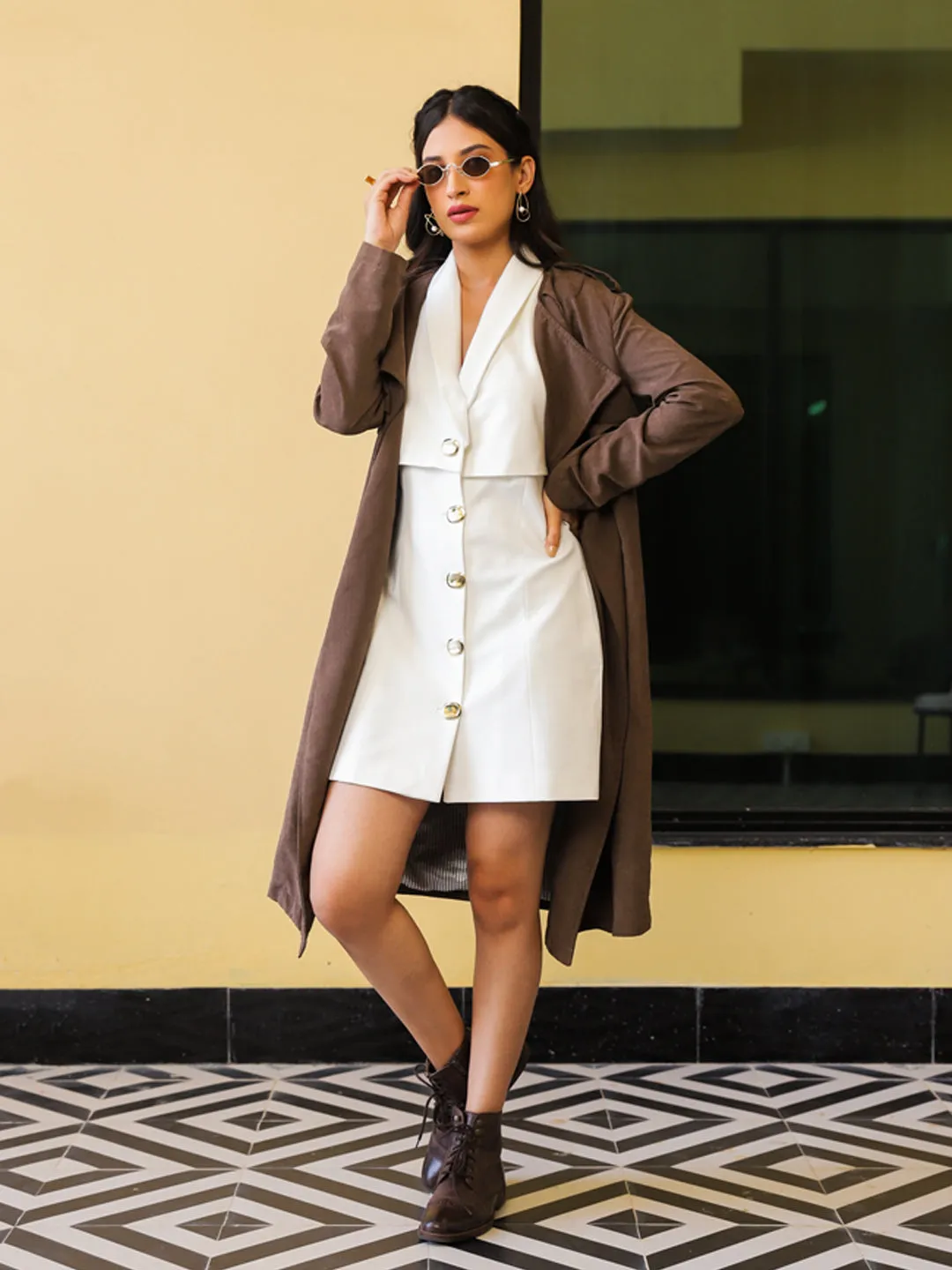 Brown Suede Overcoat & Pearl White Dress Set