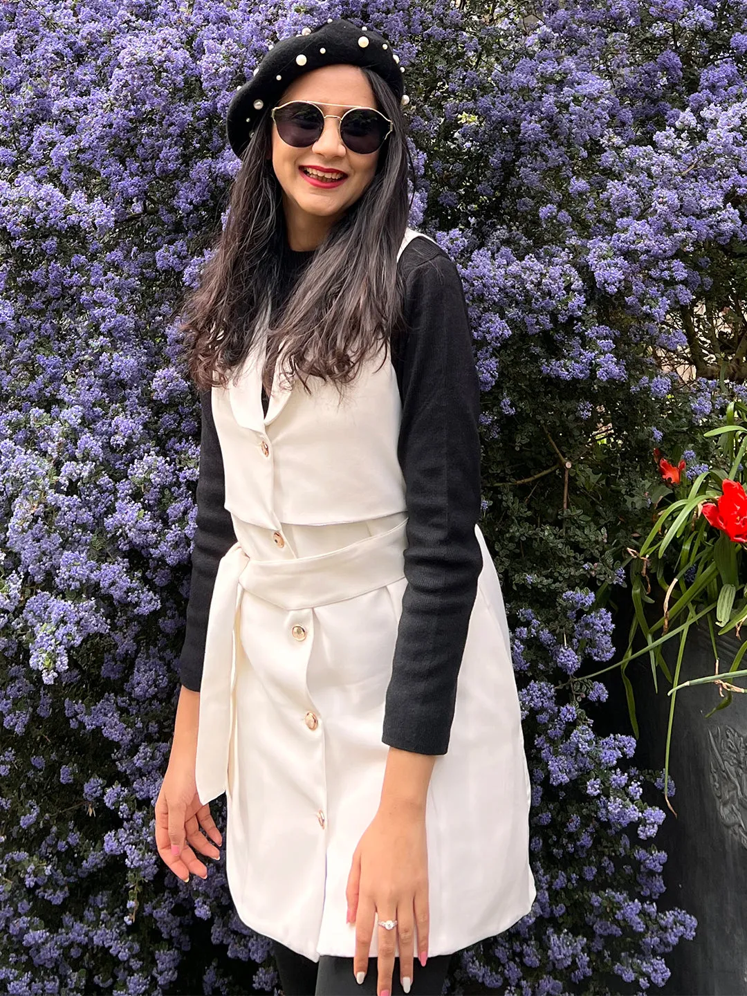 Brown Suede Overcoat & Pearl White Dress Set