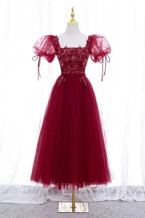 Burgundy Short Sleeve Tulle Tea Length Prom Dress, A-Line Party Dress