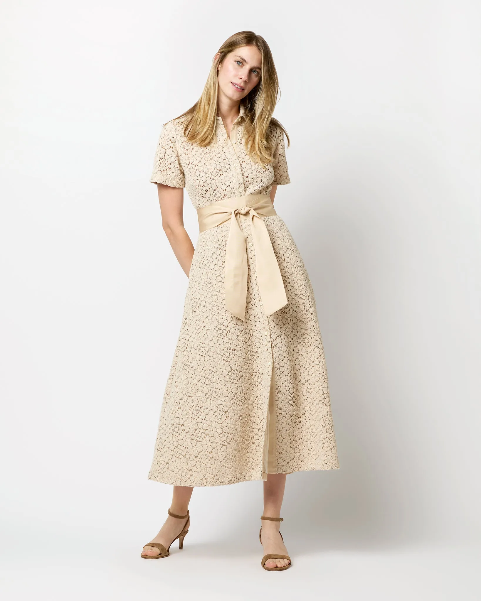 Carly Shirtwaist Dress in Natural Floral Crochet